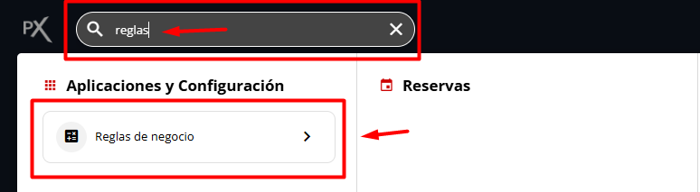 Barra de búsqueda para acceder a Reglas de Negocio