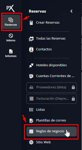 Menú lateral para acceder a Reglas de Negocio