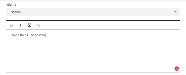 Editor de contenido de la plantilla con selección de idioma y área de texto