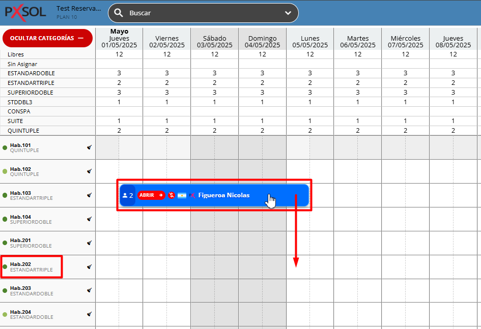 Plano de ocupación con reserva seleccionada