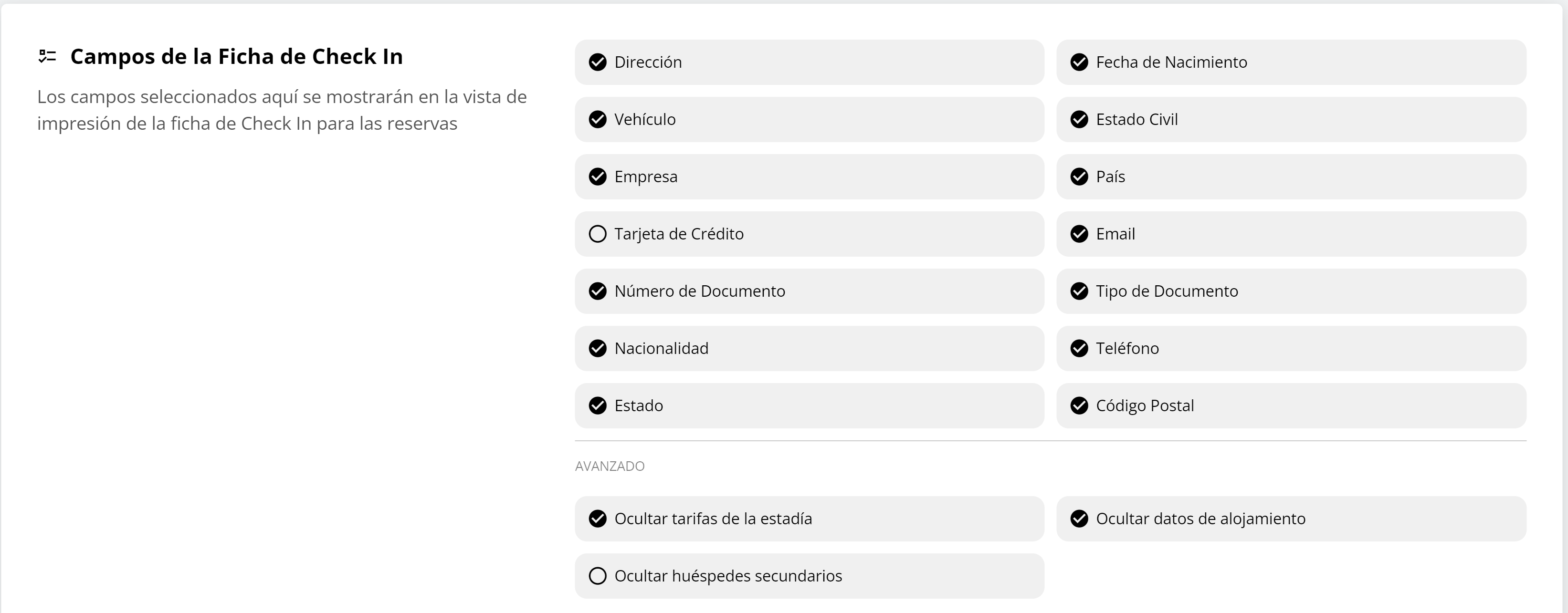 Selección de campos para la ficha de Check-in impresa