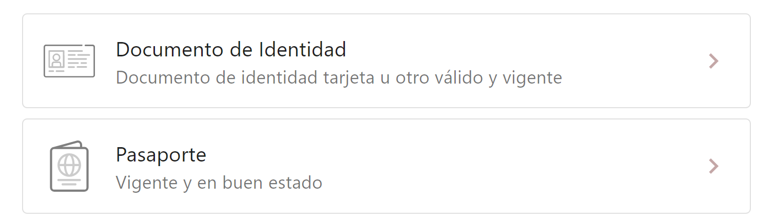 Opciones de tipo de documento: Identidad o Pasaporte