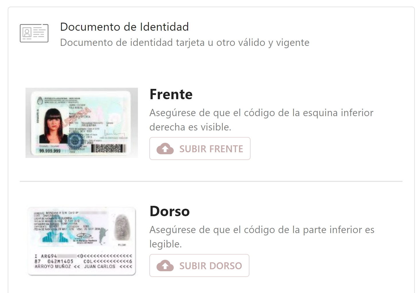 Carga de fotos de frente y dorso del documento