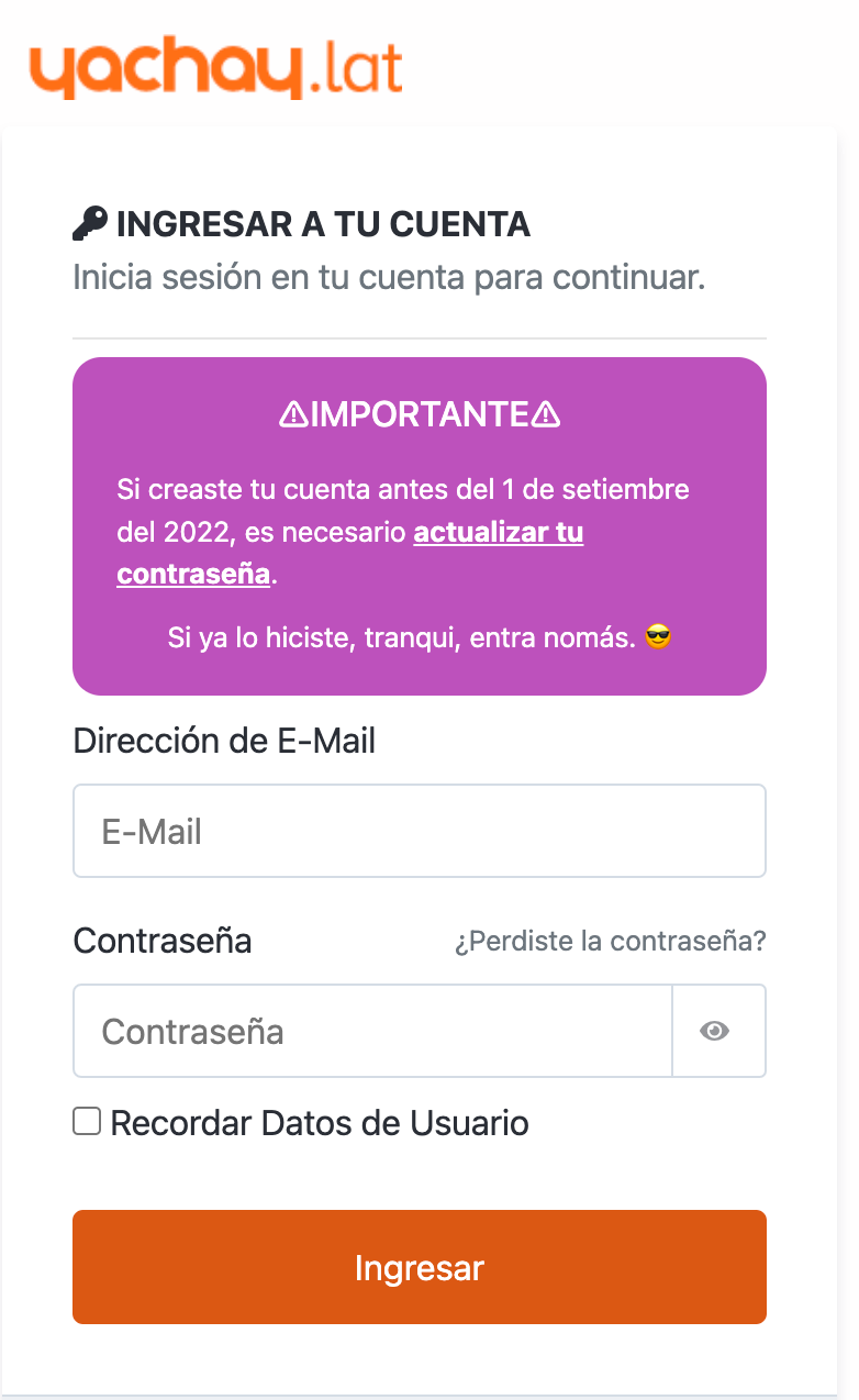 Captura de pantalla del inicio de sesión de Yachay