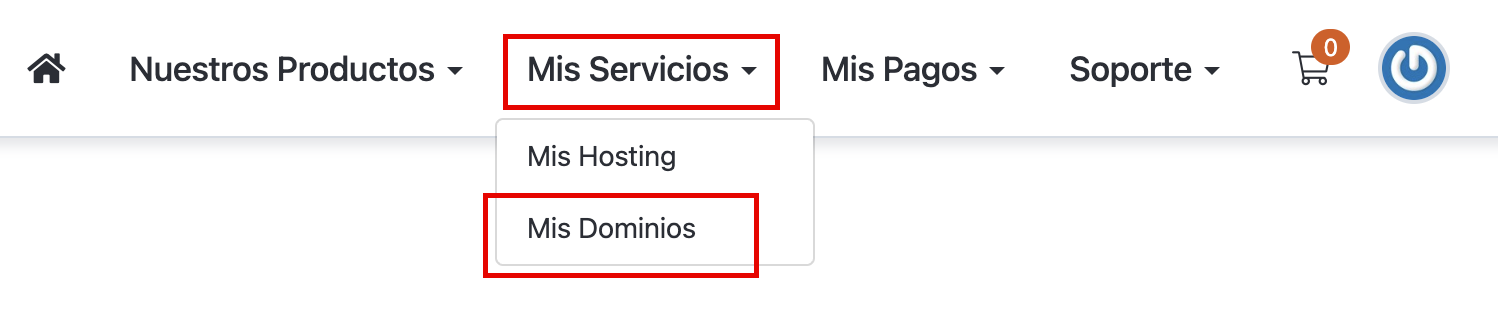 Captura de pantalla del menú Mis Servicios y Mis Dominios