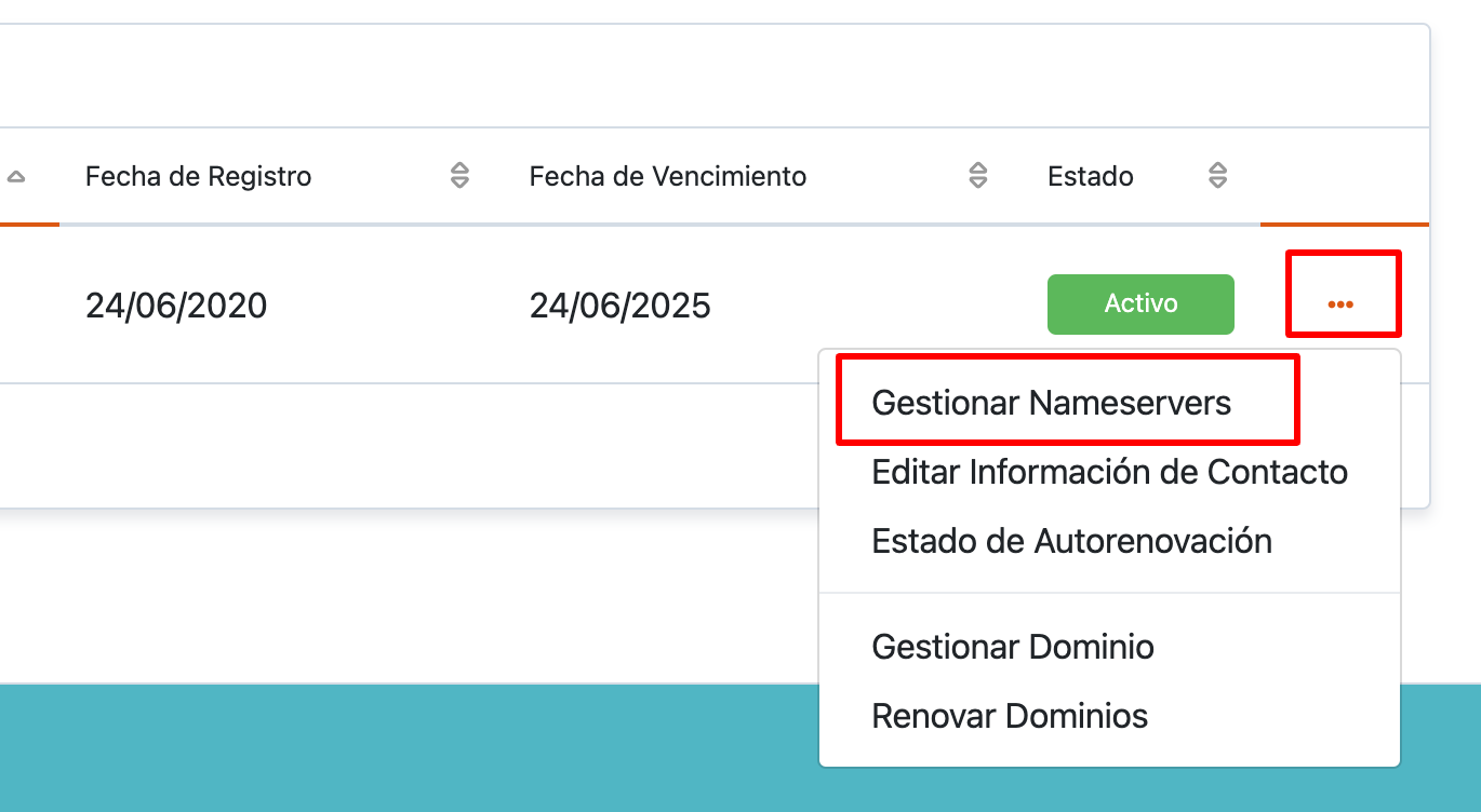 Captura de pantalla para gestionar Nameservers