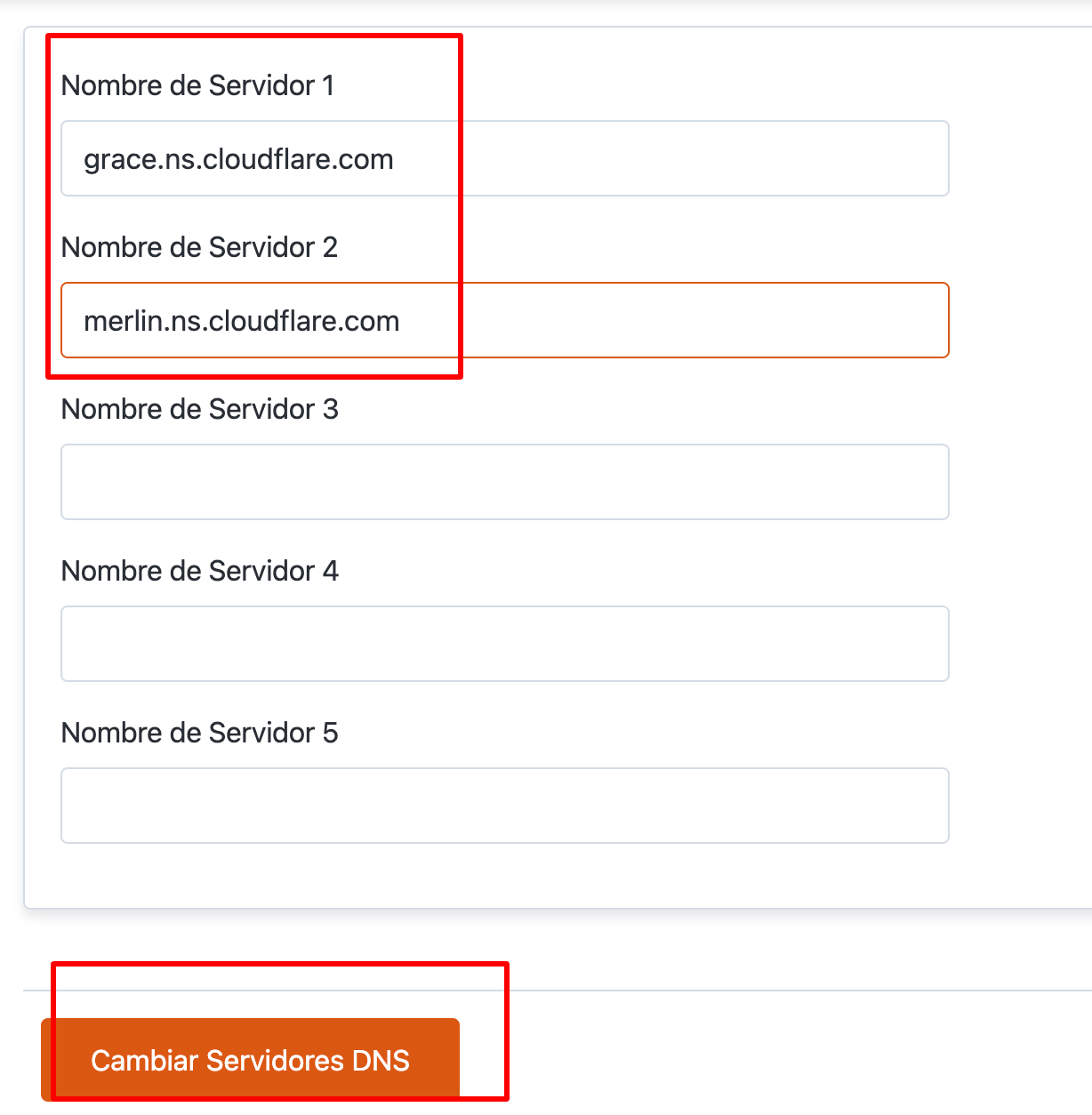 Captura de pantalla para ingresar nuevos Nameservers