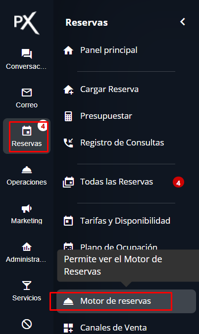 Sección de Reservas de Pxsol con el motor de reservas seleccionado.