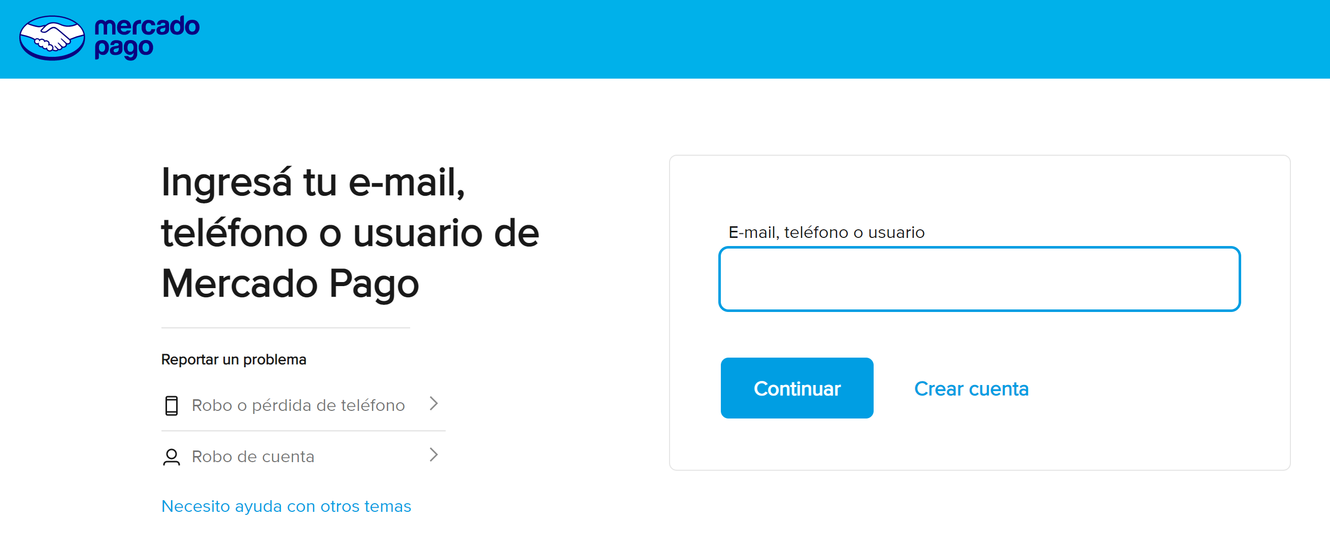 Pantalla de inicio de sesión de Mercado Pago