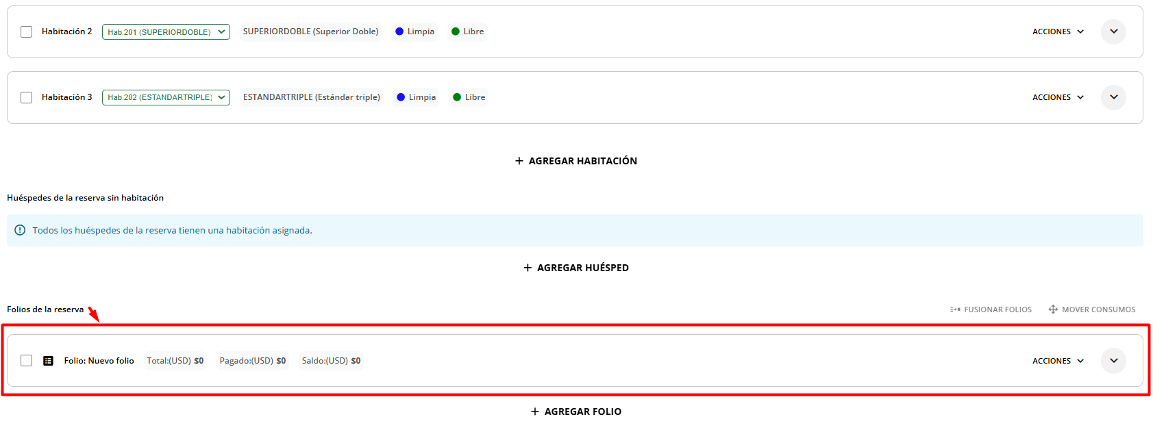 Nuevo folio creado a nivel de reserva