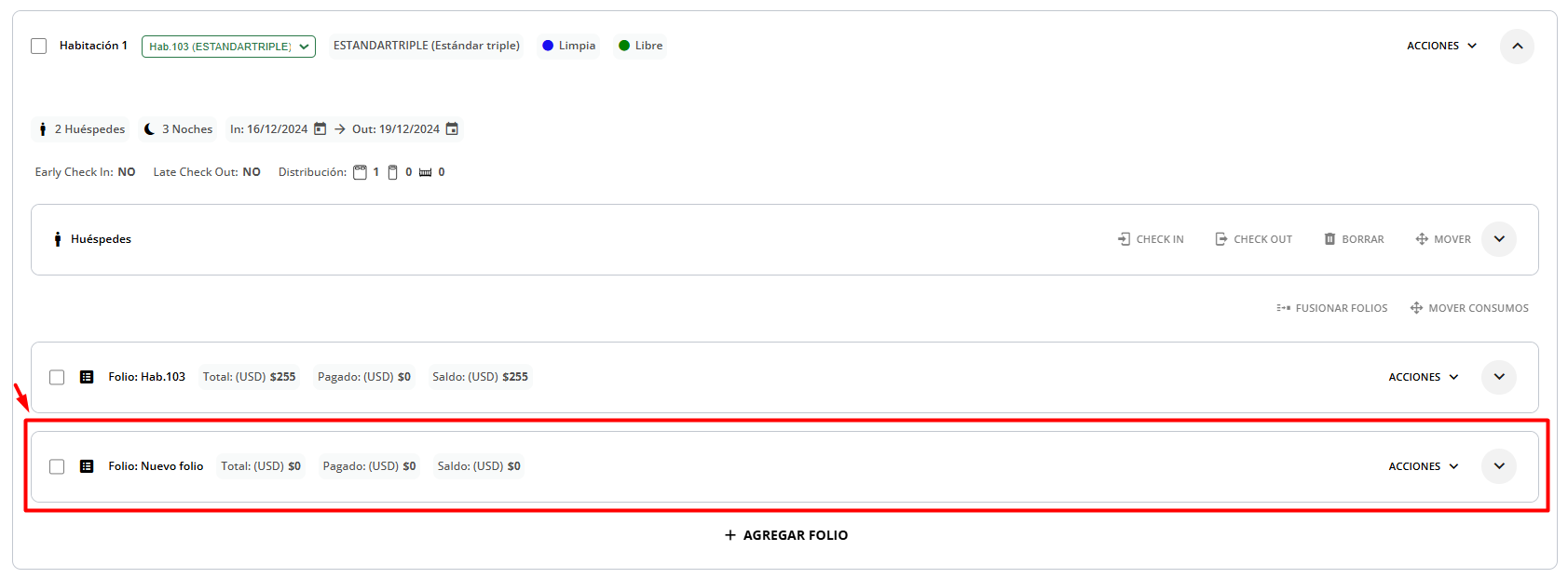 Nuevo folio creado y asociado a una habitación