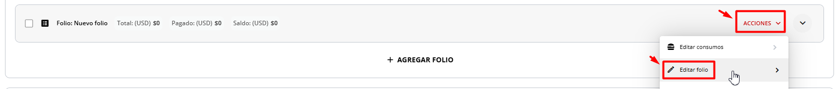 Menú de acciones del folio con la opción Editar seleccionado