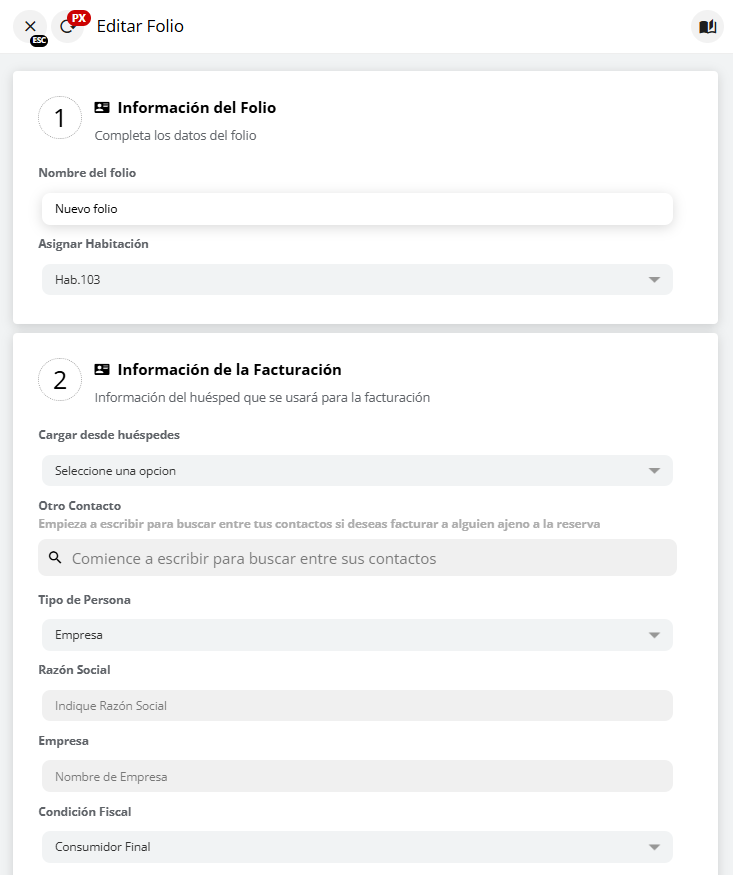 Ventana de edición de folio mostrando campos para modificar