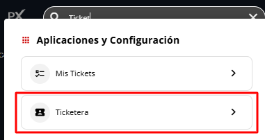 Captura de pantalla que muestra la aplicación Ticketera en el buscador superior.