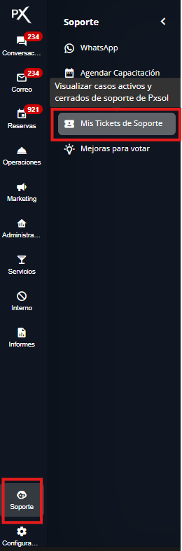Captura de pantalla que muestra la sección Soporte - Mis Tickets de Soporte.