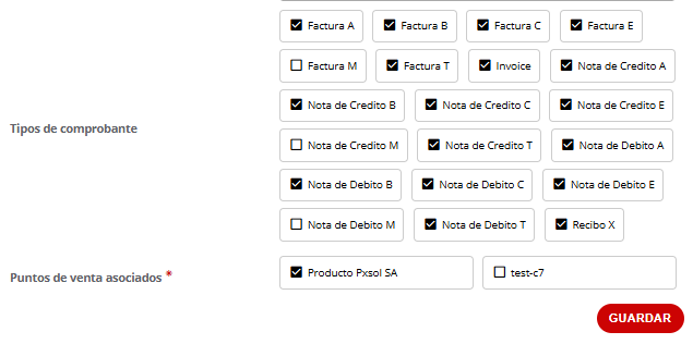 Captura de pantalla mostrando opciones de configuración de sucursal