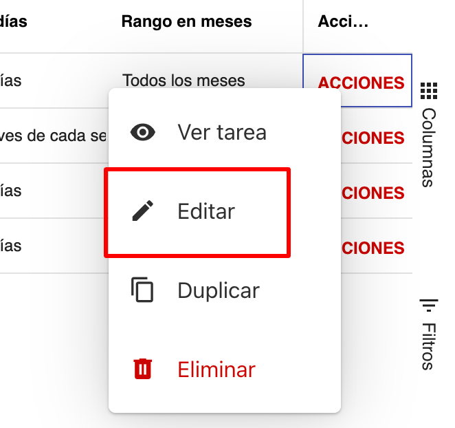 Menú de acciones de tarea