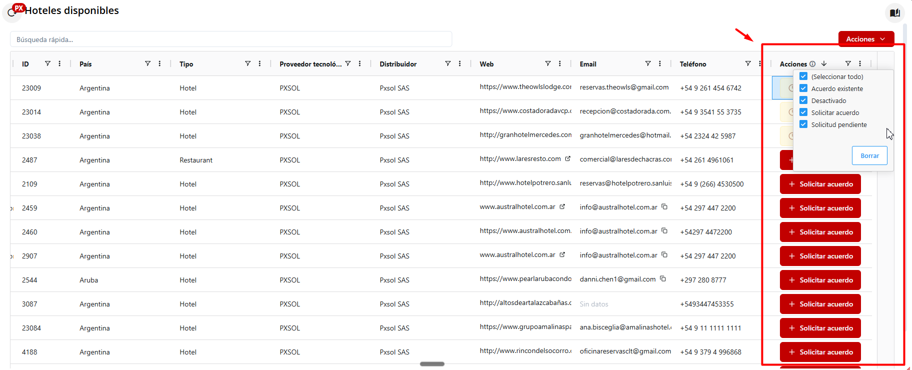 Opciones de gestión de acuerdos