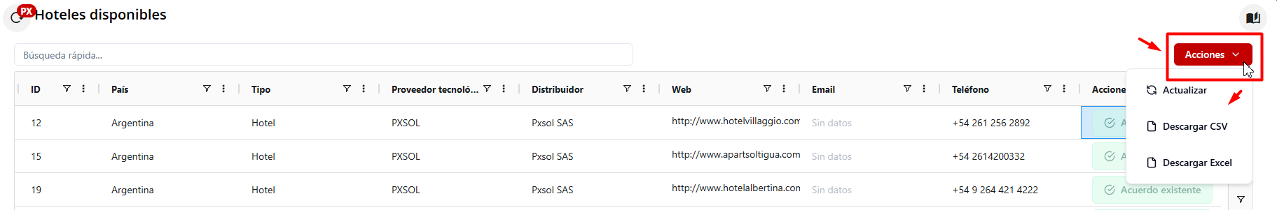Acciones de actualización y descarga de datos