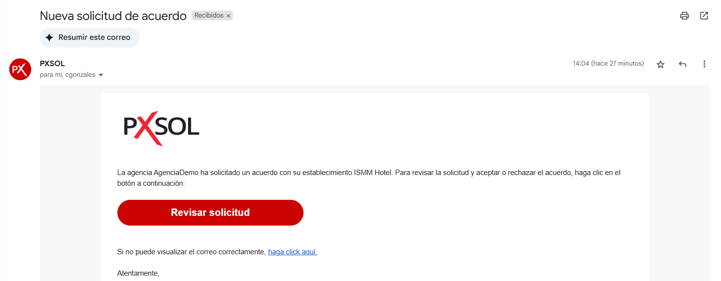 Notificación de solicitud de acuerdo por correo electrónico