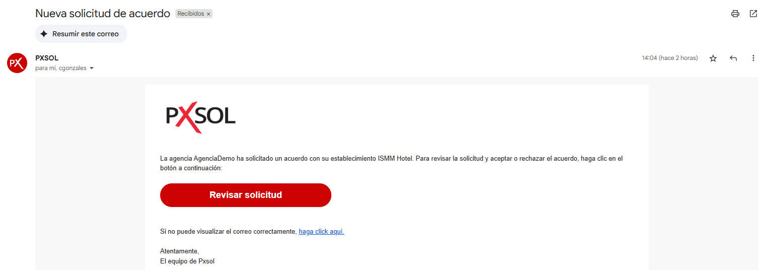 Notificación por correo electrónico de solicitud de acuerdo