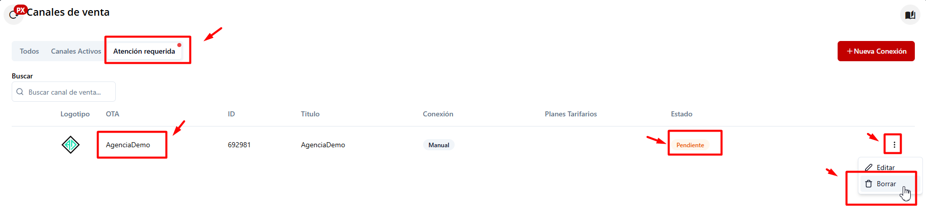 Opciones de acciones sobre la solicitud: Borrar