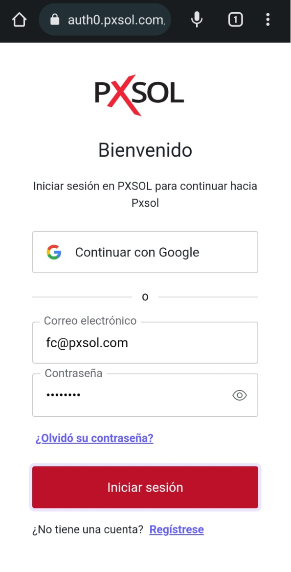 Pantalla de inicio de sesión de pxsol