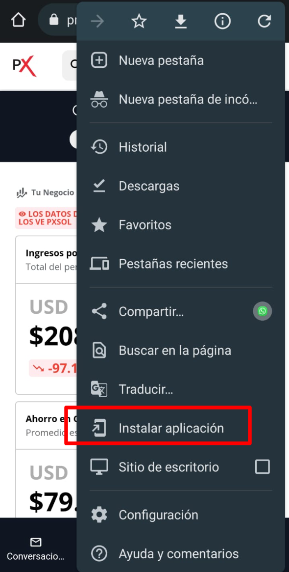 Opciones adicionales del menú del navegador