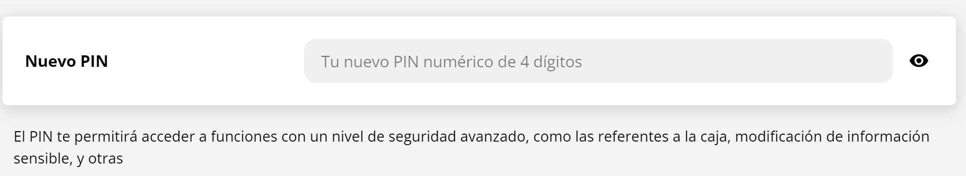 Sección para configurar PIN
