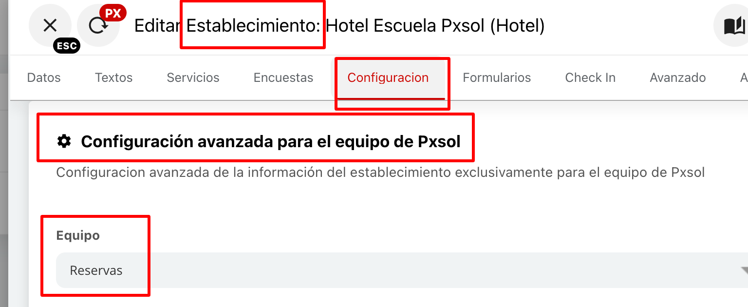 Captura de pantalla que muestra la configuración del establecimiento