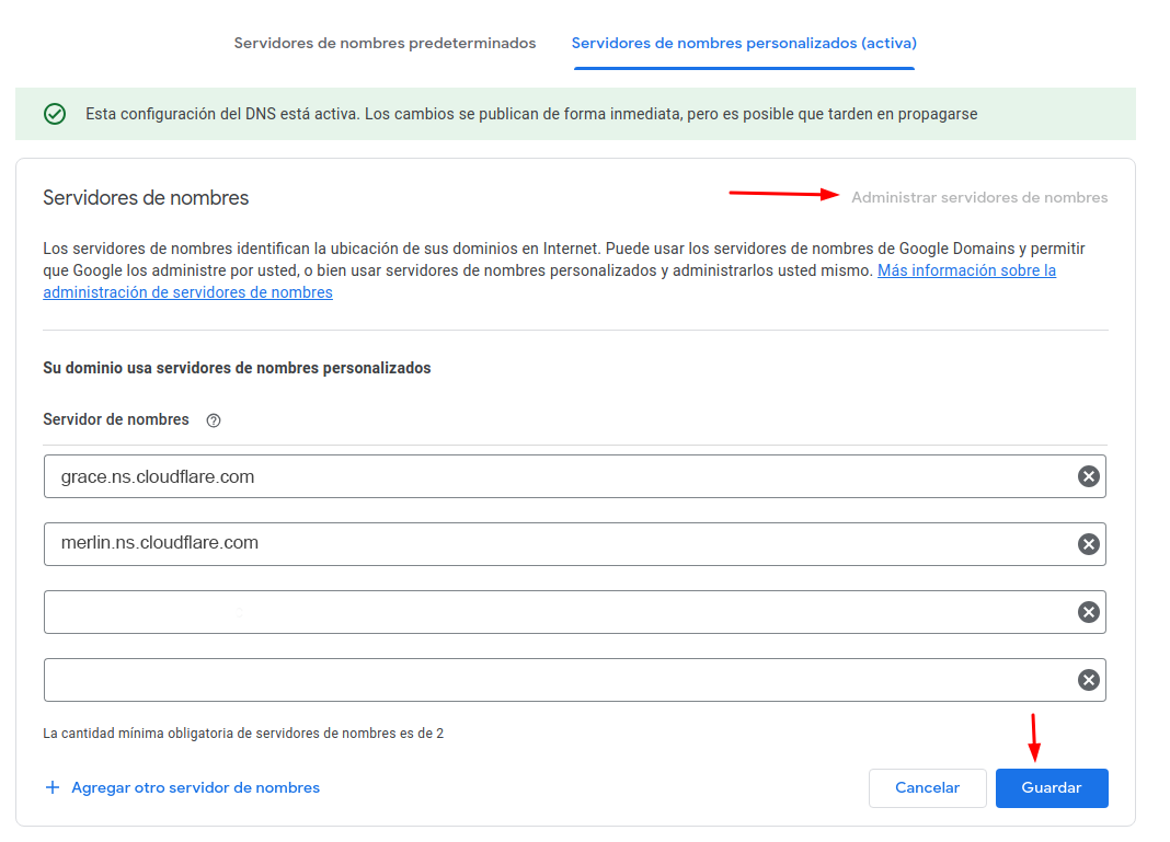 Guardar configuración de Name Servers