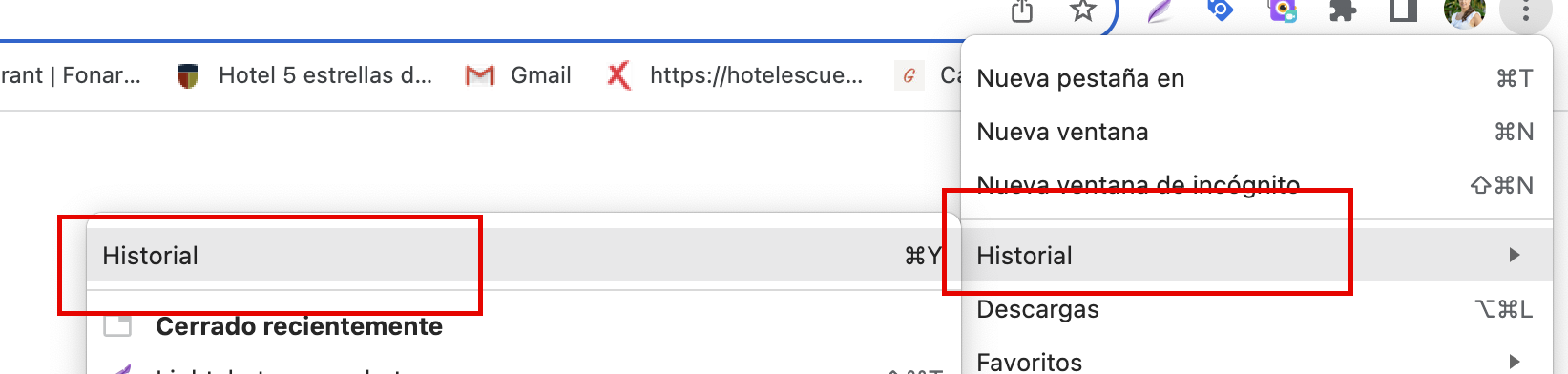 Opción Historial en el menú