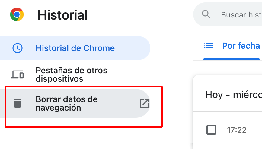 Opción Borrar datos de navegación