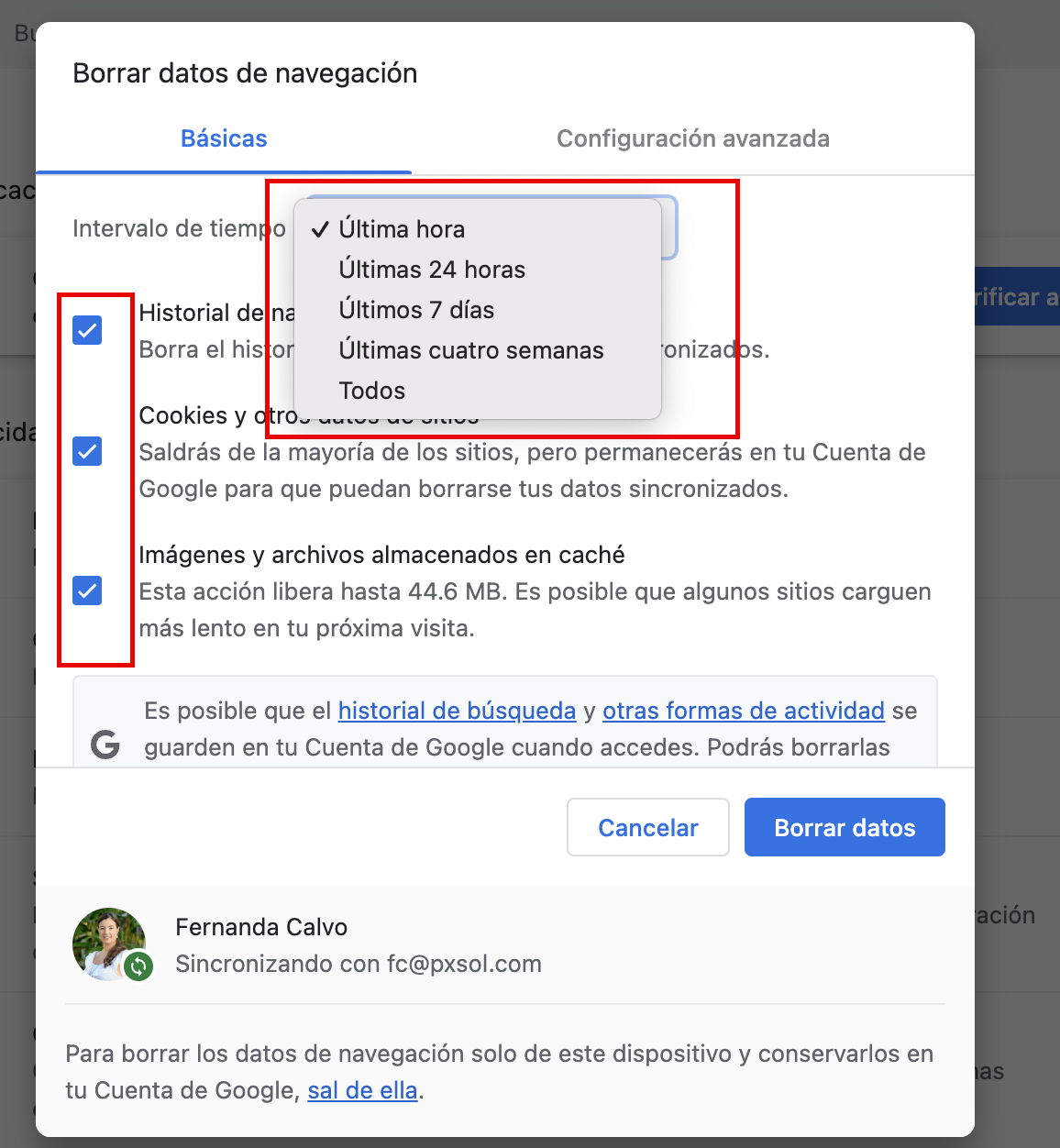Ventana de configuración para borrar datos