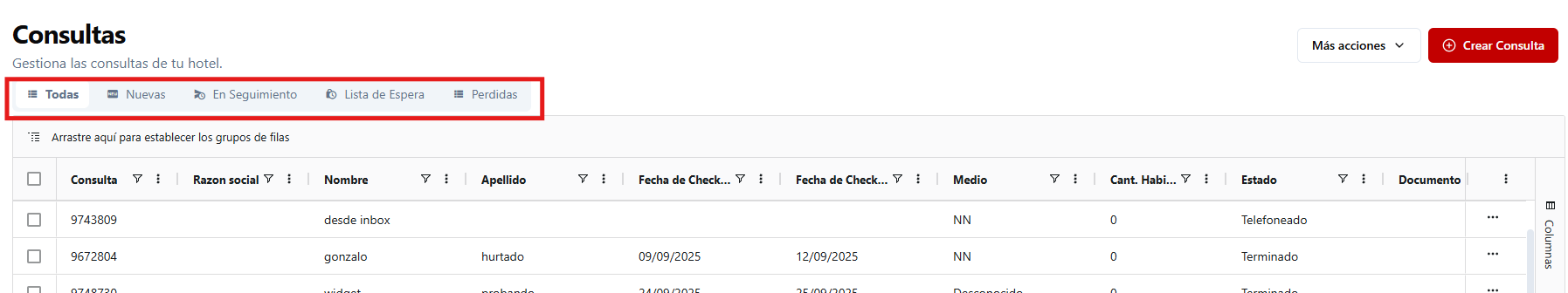 Interfaz del módulo CRM de gestión de consultas