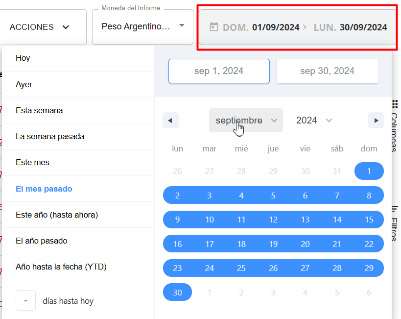 Vista preliminar de los informes de comprobantes de venta, mostrando opciones de filtro y un gráfico.
