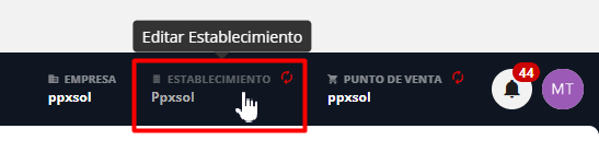 Panel de acceso a la aplicación Establecimiento