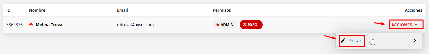 Captura de pantalla del menú de acciones de usuario