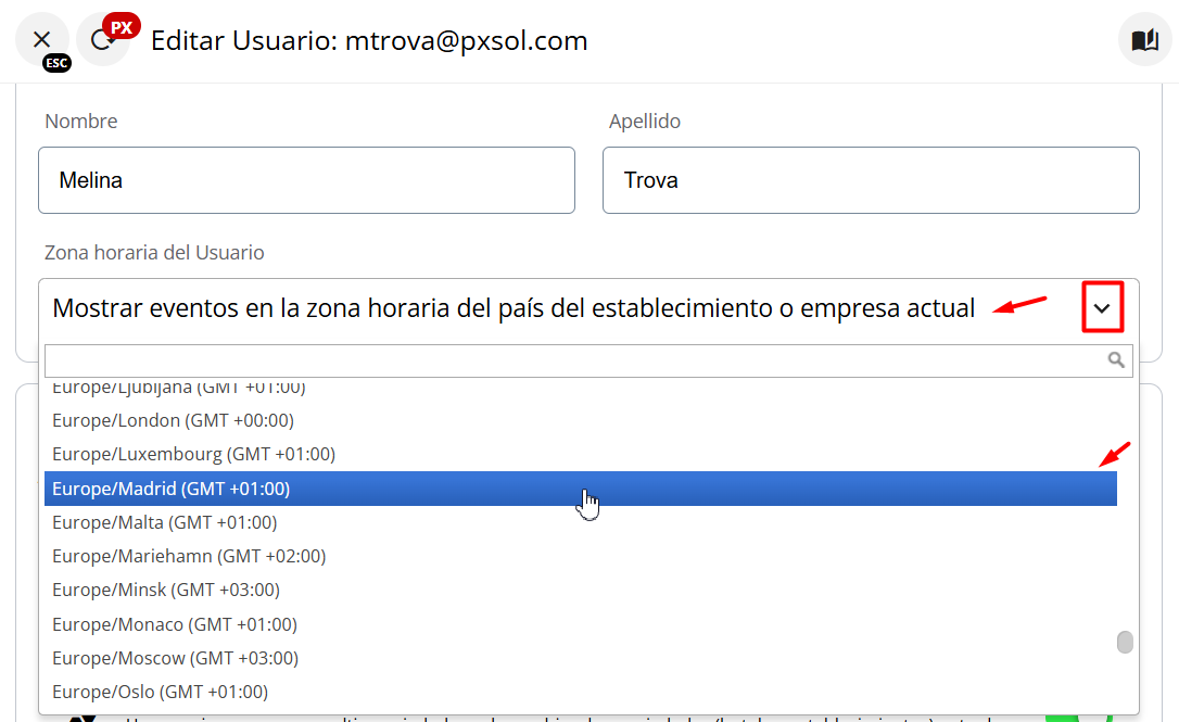 Selección de una nueva zona horaria