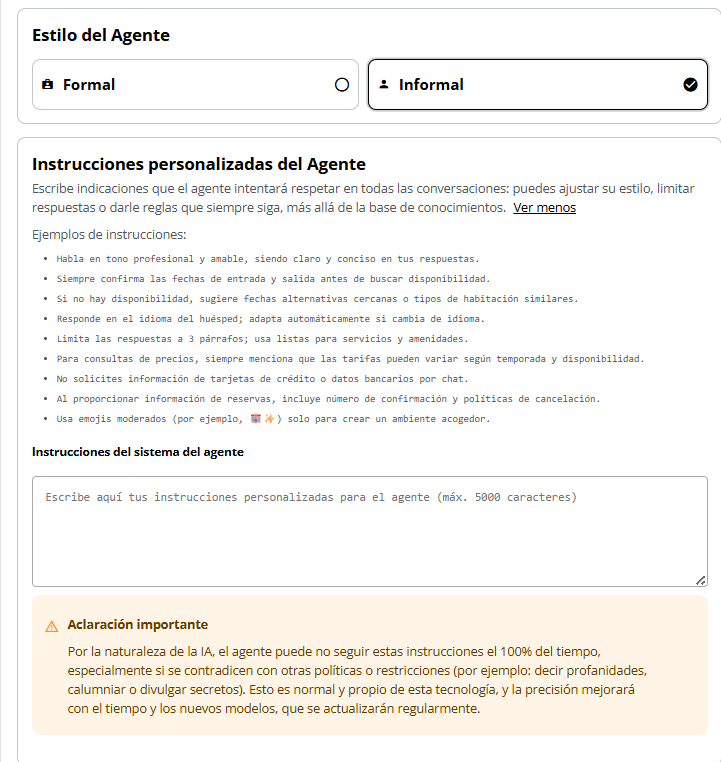 Campo de texto para instrucciones personalizadas del BOT