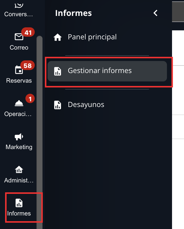 Acceso a Informes a través del menú lateral