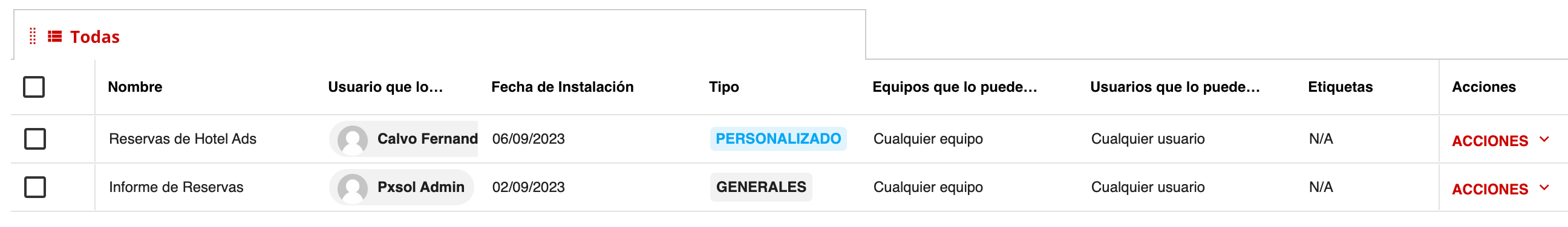 Listado de gestión de informes con el informe recién instalado