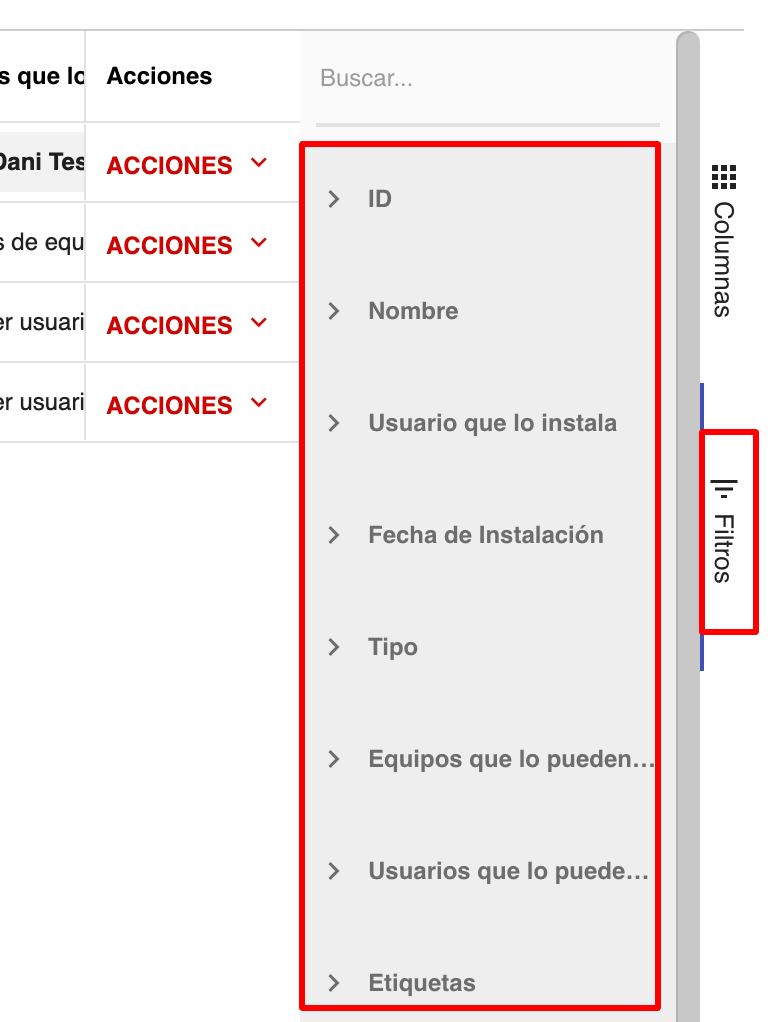 Botón de Filtros desplegando opciones