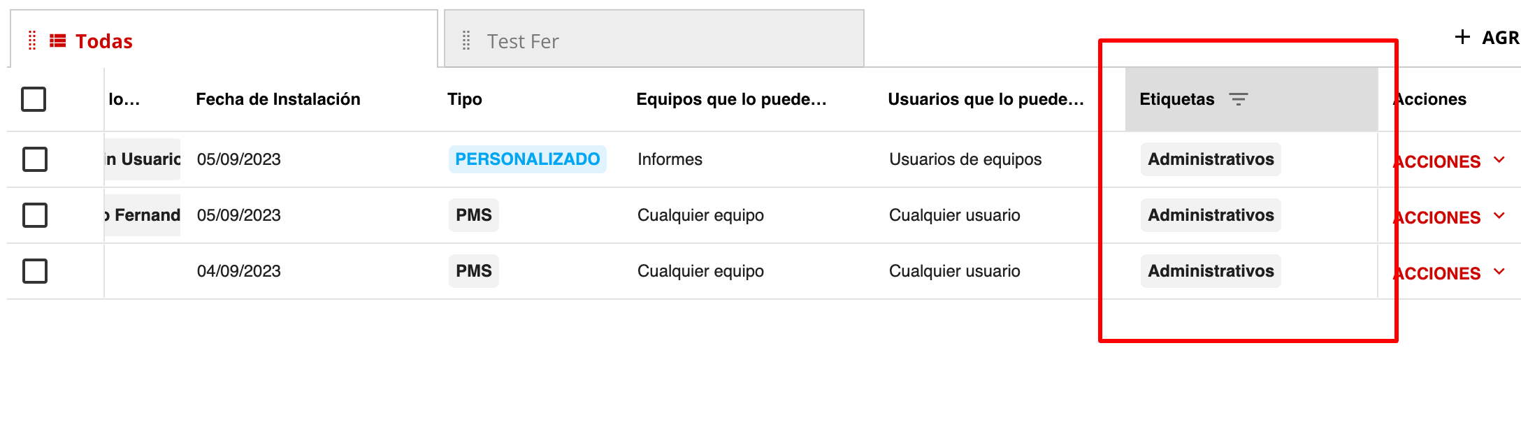 Lista de informes con filtro aplicado