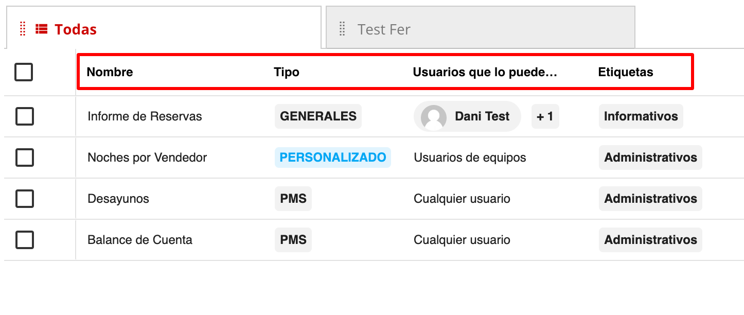 Ordenar columnas en la lista de informes