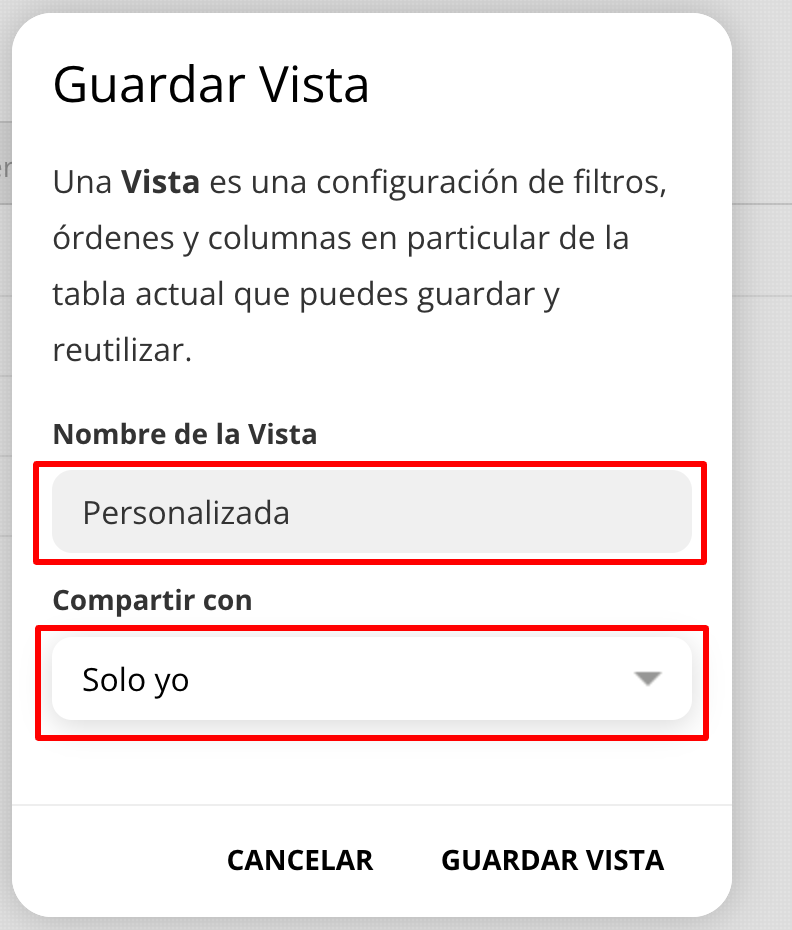 Nombre y visibilidad de la vista personalizada