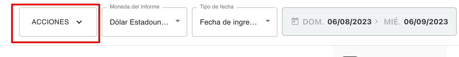 Opción Acciones dentro de un informe