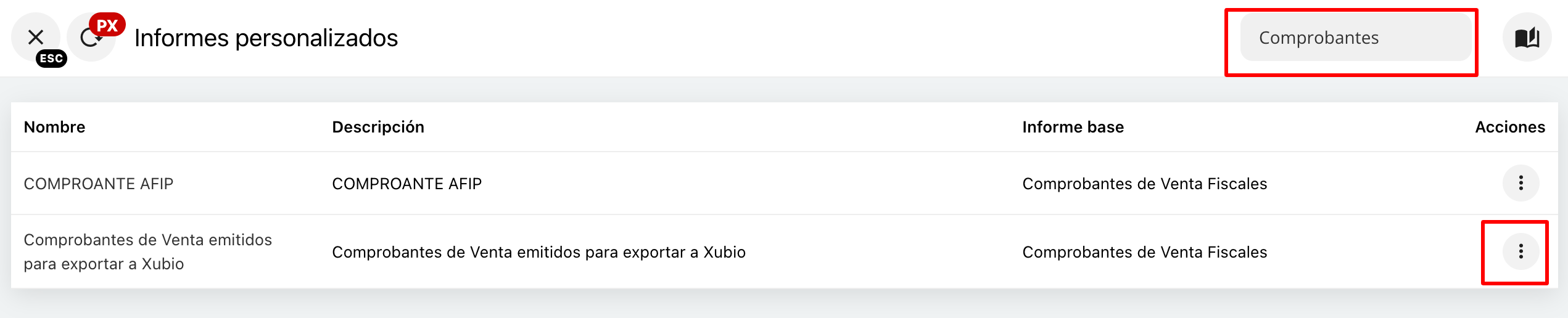 Opciones de borrado del informe