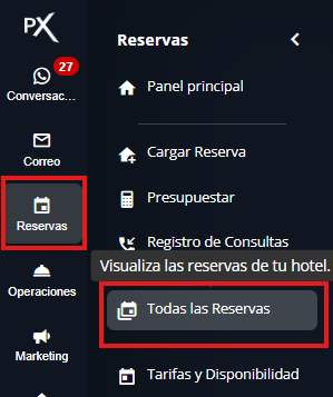 Captura de pantalla: Menú de navegación con 'Reservas - Todas las Reservas' seleccionado.