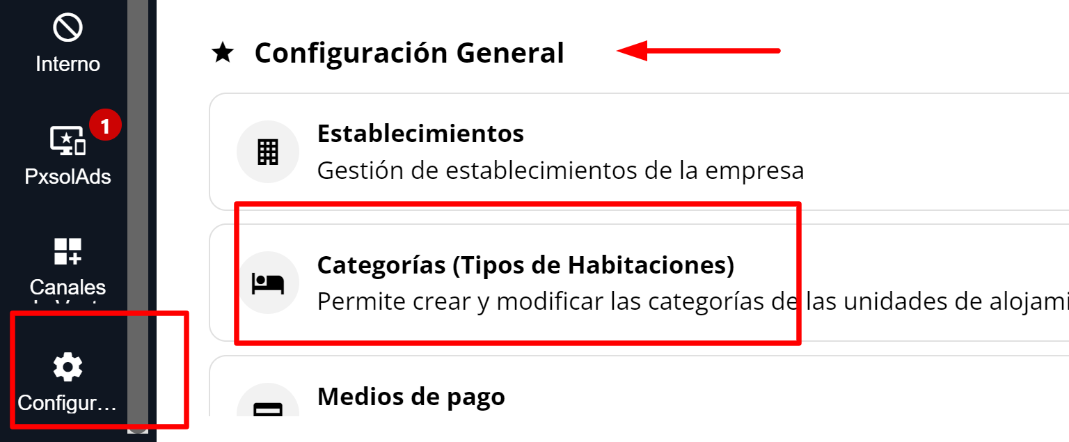 Menú lateral para acceder a Categorías
